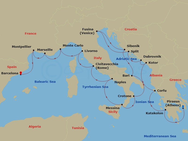 21 Night - Mediterranean & Adriatic Sojourn - Viking Veda - Starting in Athens (Piraeus), Katakolon (Olympia), Corfu (Kerkyra), Kotor, Dubrovnik, Croatia, Split, Venice (Fusina), Sibenik, Bari, Crotone, Sicily (Messina), Naples, Rome (Civitavecchia), Florence / Pisa (Livorno), Monte Carlo, Marseille, Sete, Barcelona itinerary map