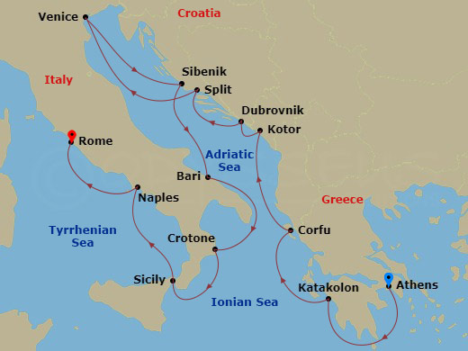 14 Night - Italy, the Adriatic & Greece - Viking Veda - Starting in Athens (Piraeus), Katakolon (Olympia), Corfu (Kerkyra), Kotor, Dubrovnik, Croatia, Split, Venice (Fusina), Sibenik, Bari, Crotone, Sicily (Messina), Naples, Rome (Civitavecchia) itinerary map