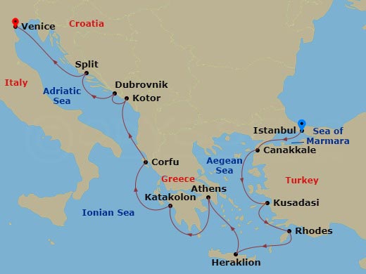 14 Night - Ancient Adriatic Treasures - Viking Veda - Starting in Istanbul, Troy (Canakkale), Ephesus (Kusadasi), Rhodes, Crete (Heraklion), Athens (Piraeus), Katakolon (Olympia), Corfu (Kerkyra), Kotor, Dubrovnik, Croatia, Split, Venice (Fusina) itinerary map