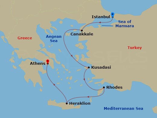 7 Night - Ancient Mediterranean Treasures - Viking Veda - Starting in Istanbul, Troy (Canakkale), Ephesus (Kusadasi), Rhodes, Crete (Heraklion), Athens (Piraeus) itinerary map