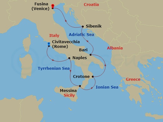 7 Night - Italian Sojourn - Viking Veda - Starting in Rome (Civitavecchia), Naples, Sicily (Messina), Crotone, Bari, Sibenik, Venice (Fusina) itinerary map