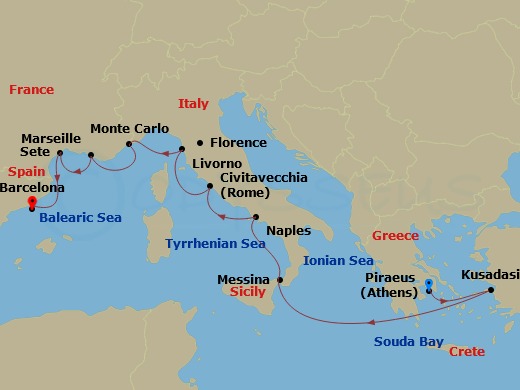 14 Night - Mediterranean Antiquities - Viking Veda - Starting in Athens (Piraeus), Ephesus (Kusadasi), Crete (Souda Bay), Sail the Ionian Sea, Sicily (Messina), Naples, Rome (Civitavecchia), Florence / Pisa (Livorno), Monte Carlo, Marseille, Sete, Barcelona itinerary map