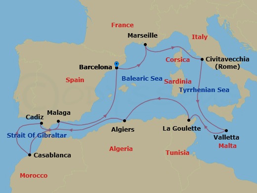 15 Night - Malta, Morocco & the Mediterranean - Viking Veda - Starting in Barcelona, Marseille, Sail the Mediterranean Sea, Rome (Civitavecchia), Sail the Mediterranean Sea, Valletta, Tunis (La Goulette), Sail the Mediterranean Sea, Algiers, Sail the Strait of Gibraltar, Casablanca, Seville (Cadiz), Granada (Malaga), Sail the Balearic Sea, Barcelona itinerary map
