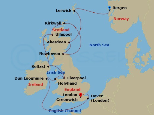 14 Night - British Isles Explorer - Viking Leda - Starting in Bergen, Shetland Islands (Lerwick), Aberdeen, Edinburgh (Newhaven Harbour), Orkney Islands (Kirkwall), The Highlands (Ullapool), Belfast, Liverpool, Holyhead, Dublin (Dun Laoghaire), Scenic Sailing English Channel, Dover UK, London (Greenwich) itinerary map