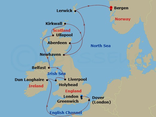 14 Night - British Isles Explorer - Viking Leda - Starting in London (Greenwich), Dover UK, Scenic Sailing English Channel, Dublin (Dun Laoghaire), Holyhead, Liverpool, Belfast, The Highlands (Ullapool), Orkney Islands (Kirkwall), Edinburgh (Newhaven Harbour), Aberdeen, Shetland Islands (Lerwick), Bergen itinerary map