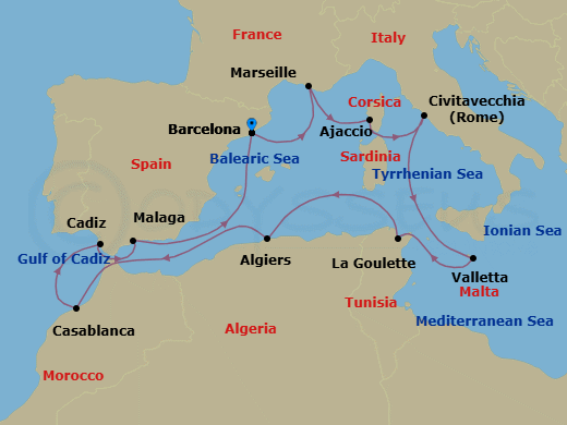15 Night - Malta, Morocco & the Mediterranean - Viking Leda - Starting in Barcelona, Marseille, Corsica (Ajaccio), Rome (Civitavecchia), Sail the Mediterranean Sea, Valletta, Tunis (La Goulette), Sail the Mediterranean Sea, Algiers, Sail the Mediterranean Sea, Casablanca, Seville (Cadiz), Granada (Malaga), Sail the Mediterranean Sea, Barcelona itinerary map