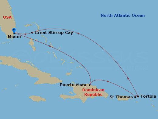 7 Night - Eastern Caribbean - Miami - Norwegian Aura - Starting in Miami, Fl, Puerto Plata, Dominican Republic, St Thomas, Vi, Tortola, British Virgin Islands, Great Stirrup Cay, Bahamas, Miami, Fl itinerary map