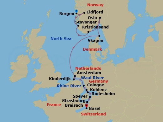 14 Night - Rhine & Viking Shores & Fjords - Viking Astrea - Starting in Bergen, Eidfjord, Stavanger, Kristiansand, Oslo, Skagen, Sail the North Sea, Amsterdam, Kinderdijk, Scenic Sailing Waal and Merwede, Cologne, Koblenz, Middle Rhine Scenic Sailing, Rudesheim, Speyer, Strasbourg, Breisach, Basel itinerary map