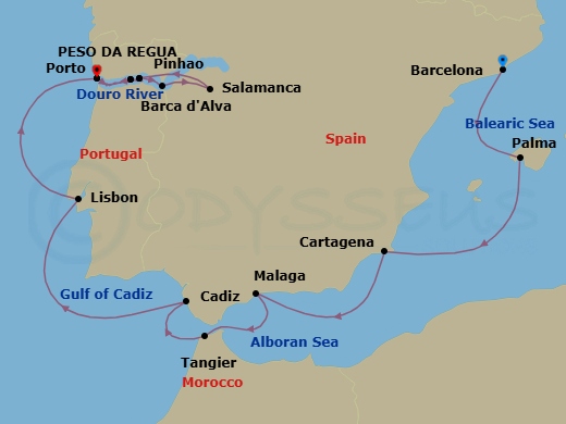 16 Night - Iberian Odyssey - Viking Libra - Starting in Barcelona, Palma De Mallorca, Murcia (Cartagena ES, Spain), Granada (Malaga), Tangier, Seville (Cadiz), Lisbon, Porto, Regua, Pinhao, Scenic Sailing Douro River, Barca dAlva, Salamanca, Pinhao, Regua, Porto itinerary map