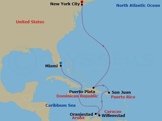 10 Night - Caribbean - Norwegian Luna - Starting in Miami, Fl, Willemstad AN, Netherlands Antilles, Oranjestad, Aruba, San Juan, Pr, Puerto Plata, Dominican Republic, New York City, Ny itinerary map