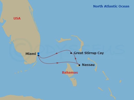 3 Night - Bahamas - Short - Norwegian Aqua - Starting in Miami, Fl, Nassau, Bahamas, Great Stirrup Cay, Bahamas, Miami, Fl itinerary map