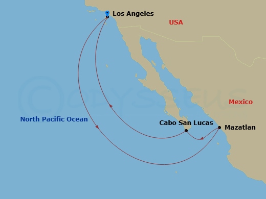 7 Night - Mexican Riviera - Star Princess - Starting in Los Angeles, California, Mazatlan, Mexico, Cabo San Lucas, Mexico, Los Angeles, California itinerary map