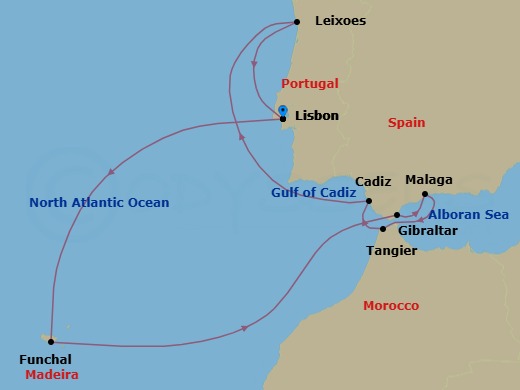 11 Night - Lisbon to Lisbon - Silver Ray - Starting in Lisbon, Funchal, Madeira, Gibraltar, Malaga (Costa del Sol), Tangier, Cadiz, Oporto (Leixoes), Lisbon itinerary map