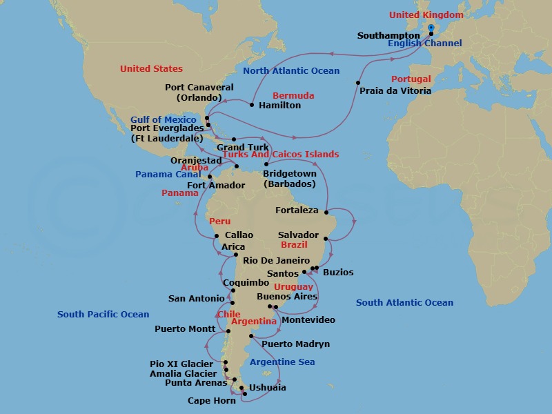 82 Night - South America Discovery - Queen Anne - Starting in Southampton, England, UK, Hamilton, Bermuda, Port Canaveral, FL, Fort Lauderdale, FL, Grand Turk, Turks and Caicos Islands, Bridgetown, Barbados, Fortaleza, Brazil, Salvador, Brazil, Buzios, Brazil, Rio De Janeiro, Brazil, Santos (tours to Sao Paulo), Brazil, Montevideo, Uruguay, Buenos Aires, Argentina, Puerto Madryn, Argentina, Ushuaia, Argentina, Cape Horn, Chile (Sail by), Punta Arenas, Chile, Amalia Glacier, Chile (Scenic Cruising), PIO X Glacier, Chile (Scenic Cruising), Puerto Montt, Chile, San Antonio CL (tours to Santiago), Chile, Coquimbo, Chile, Arica, Chile, Callao (tours to Lima), Peru, Fuerte Amador (tours to Panama City), Panama, Transit the Panama Canal, Panama (Full Transit), Oranjestad, Aruba, Fort Lauderdale, FL, Port Canaveral, FL, Praia da Vitoria, Azores, Portugal, Southampton, England, UK itinerary map