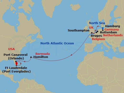 17 Night - Hamburg to Fort Lauderdale - Queen Anne - Starting in Hamburg, Germany, Rotterdam, Netherlands, Zeebrugge (tours to Bruges), Belgium, Southampton, England, UK, Hamilton, Bermuda, Port Canaveral, FL, Fort Lauderdale, FL itinerary map