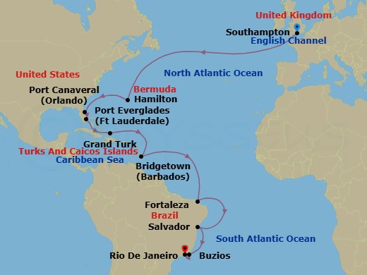 29 Night - Southampton to Rio De Janeiro - Queen Anne - Starting in Southampton, England, UK, Hamilton, Bermuda, Port Canaveral, FL, Fort Lauderdale, FL, Grand Turk, Turks and Caicos Islands, Bridgetown, Barbados, Fortaleza, Brazil, Salvador, Brazil, Buzios, Brazil, Rio De Janeiro, Brazil itinerary map