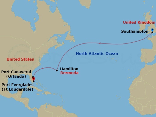 12 Night - Southampton to Fort Lauderdale - Queen Anne - Starting in Southampton, England, UK, Hamilton, Bermuda, Port Canaveral, FL, Fort Lauderdale, FL itinerary map