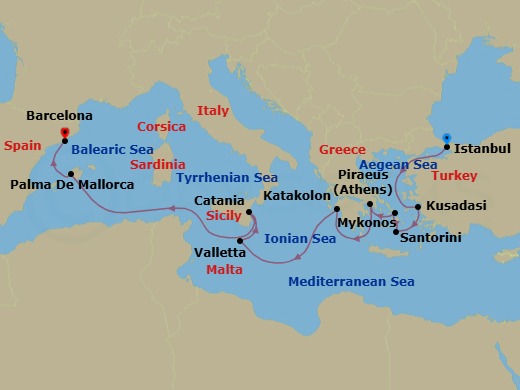10 Night - Europe - Greek Isles & Eastern Med - Norwegian Viva - Starting in Istanbul, Turkey, Kusadasi, Turkey, Santorini Island, Greece, Mykonos, Greece, Piraeus / Athens, Greece, Olympia / Katakolon, Greece, Valletta, Malta, Catania, Italy, Palma Majorca, Spain, Barcelona, Spain itinerary map