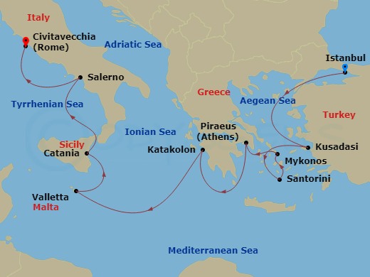 9 Night - Europe - Greek Isles & Eastern Med - Norwegian Viva - Starting in Istanbul, Turkey, Kusadasi, Turkey, Santorini Island, Greece, Mykonos, Greece, Piraeus / Athens, Greece, Olympia / Katakolon, Greece, Valletta, Malta, Catania, Italy, Amalfi Coast (Salerno), Italy, Civitavecchia Rome, Italy itinerary map