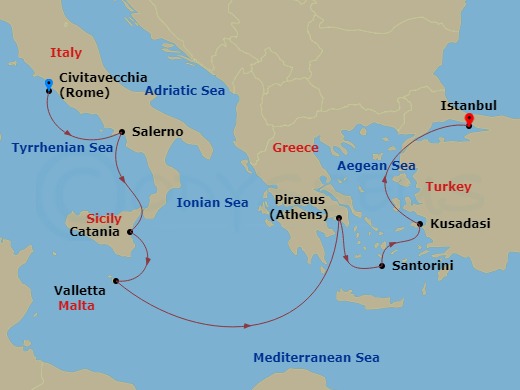 9 Night - Europe - Greek Isles & Eastern Med - Norwegian Viva - Starting in Civitavecchia Rome, Italy, Amalfi Coast (Salerno), Italy, Catania, Italy, Valletta, Malta, Piraeus / Athens, Greece, Santorini Island, Greece, Kusadasi, Turkey, Istanbul, Turkey itinerary map