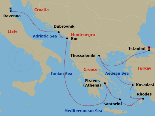 10 Night - Europe - Greek Isles & Eastern Med - Norwegian Viva - Starting in Venice (Ravenna), Italy, Dubrovnik, Croatia, Montenegro, Piraeus / Athens, Greece, Santorini Island, Greece, Rhodes, Greece, Kusadasi, Turkey, Thessaloniki, Greece, Istanbul, Turkey itinerary map