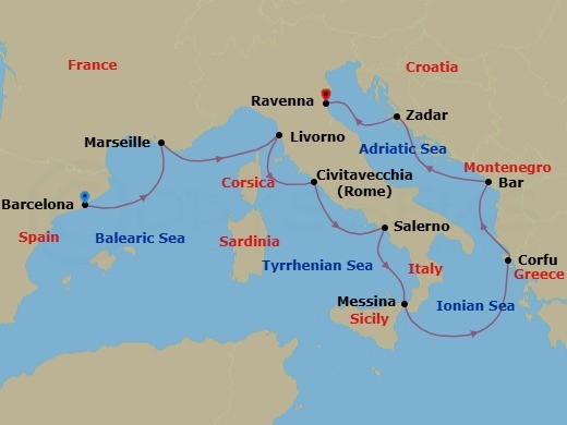 9 Night - Europe - Western Mediterranean - Barcelona - Norwegian Viva - Starting in Barcelona, Spain, Provence, Marseille, France, Livorno / Florence / Pisa, Italy, Civitavecchia Rome, Italy, Amalfi Coast (Salerno), Italy, Messina, Italy, Corfu, Greece, Montenegro, Zadar, Croatia, Venice (Ravenna), Italy itinerary map