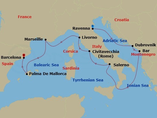 9 Night - Europe - Classic Mediterranean - Norwegian Viva - Starting in Venice (Ravenna), Italy, Dubrovnik, Croatia, Montenegro, Amalfi Coast (Salerno), Italy, Civitavecchia Rome, Italy, Livorno / Florence / Pisa, Italy, Provence, Marseille, France, Palma Majorca, Spain, Barcelona, Spain itinerary map