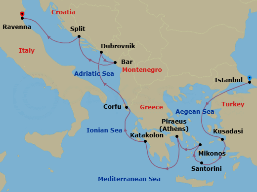 10 Night - Europe - Greek Isles & Eastern Med - Norwegian Viva - Starting in Istanbul, Turkey, Kusadasi, Turkey, Santorini Island, Greece, Mykonos, Greece, Piraeus / Athens, Greece, Olympia / Katakolon, Greece, Corfu, Greece, Dubrovnik, Croatia, Montenegro, Split, Croatia, Venice (Ravenna), Italy itinerary map