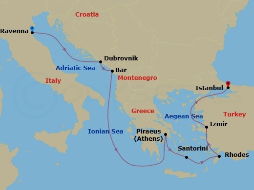 10 Night - Europe - Greek Isles & Eastern Med - Norwegian Viva - Starting in Venice (Ravenna), Italy, Dubrovnik, Croatia, Montenegro, Piraeus / Athens, Greece, Santorini Island, Greece, Rhodes, Greece, Izmir / Ephesus, Turkey, Istanbul, Turkey itinerary map