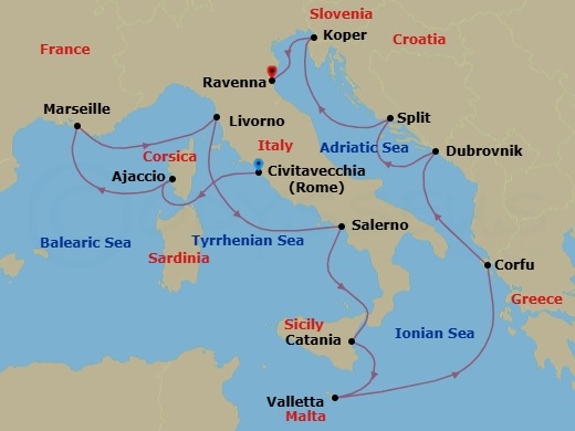 12 Night - Europe - Western Mediterranean - Rome - Norwegian Viva - Starting in Civitavecchia Rome, Italy, Ajaccio, France, Provence, Marseille, France, Livorno / Florence / Pisa, Italy, Amalfi Coast (Salerno), Italy, Catania, Italy, Valletta, Malta, Corfu, Greece, Dubrovnik, Croatia, Split, Croatia, Koper, Slovenia, Venice (Ravenna), Italy itinerary map