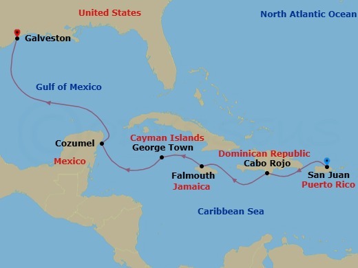 7 Night - Caribbean - Norwegian Prima - Starting in San Juan, Pr, Cabo Rojo, Dominican Republic, Falmouth, Jamaica, George Town, Cayman Islands, Cozumel, Mexico, Galveston, Texas itinerary map