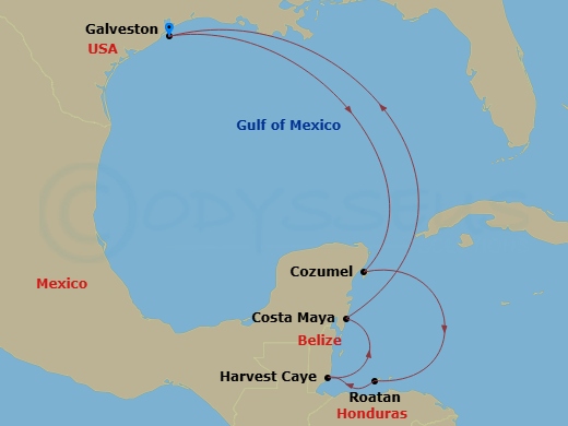 7 Night - Western Caribbean - Galveston - Norwegian Prima - Starting in Galveston, Texas, Cozumel, Mexico, Roatan Bay Islands, Honduras, Harvest Caye, Belize, Costa Maya, Mexico, Galveston, Texas itinerary map