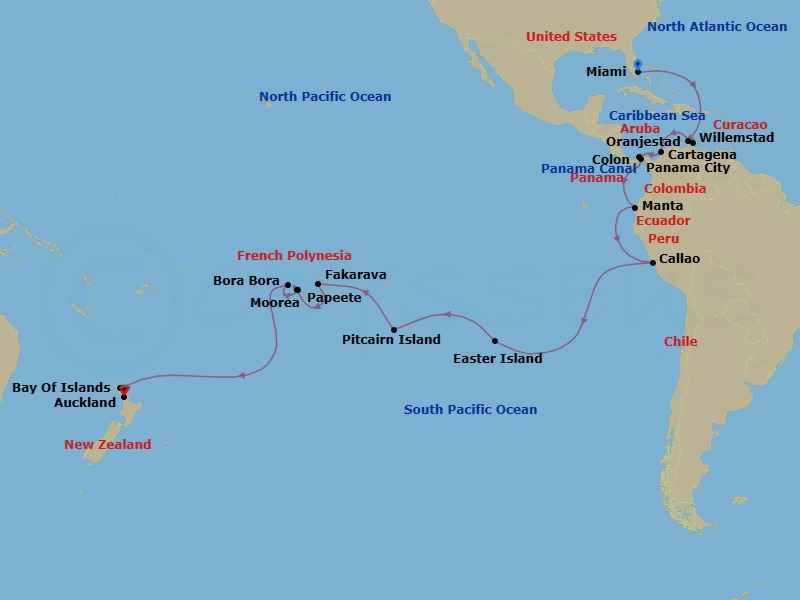 41 Night - Miami to Auckland Grand Voyage - Azamara Onward - Starting in Miami, Florida, Oranjestad, Willemstad AN, Cartagena CO, Colon, Panama Canal (Cruising), Panama City (Fuerte Amador), Manta, Callao (Lima), Easter Island, Pitcairn Island, Fakarava, Moorea, Papeete, Tahiti, Moorea, Papeete, Tahiti, Bora Bora, Bay of Islands, Auckland itinerary map