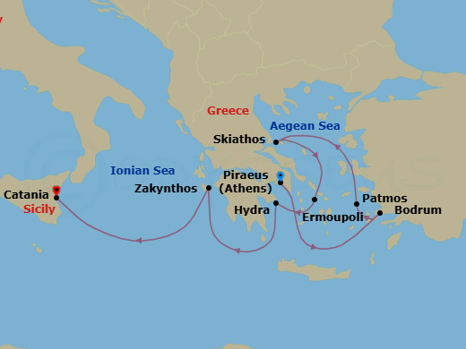 8 Night - Athens to Catania - World Traveller - Starting in Piraeus (Athens), Bodrum, Patmos, Skiathos, Ermoupolis (Syros), Hydra, Greece, Zakynthos, Catania (Sicily) itinerary map