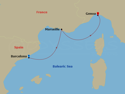 2 Night - Mediterranean - MSC World Europa - Starting in Barcelona, Spain, Marseille (Provence), France, Genoa (Portofino), Italy itinerary map