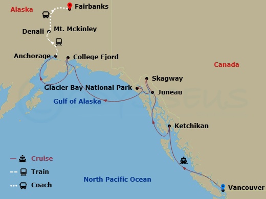 12 Night - Denali Explorer - Tour Ia5 - Discovery Princess Tours - Starting in Vancouver, Canada, Ketchikan, Alaska, Juneau, Alaska, Skagway, Alaska, Glacier Bay National Park (Scenic Cruising), Alaska, College Fjord (Scenic Cruising), Alaska, Anchorage (Whittier), Alaska, Mount Mckinley Princess Wilderness Lodge, Denali Princess Wilderness Lodge, Fairbanks itinerary map