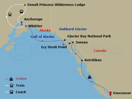 11 Night - Denali Explorer - Tour Fb4 - Discovery Princess Tours - Starting in Anchorage, Denali Princess Wilderness Lodge, Anchorage (Whittier), Alaska, Hubbard Glacier (Scenic Cruising), Alaska, Glacier Bay National Park (Scenic Cruising), Alaska, Icy Strait Point, Alaska, Juneau, Alaska, Ketchikan, Alaska, Vancouver, Canada itinerary map
