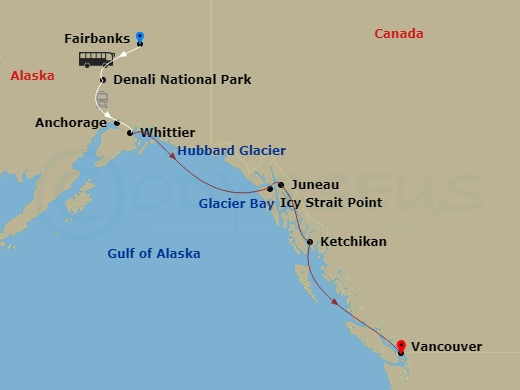 11 Night - Denali Explorer - Tour Hb4 - Discovery Princess Tours - Starting in Fairbanks, Denali Princess Wilderness Lodge, Anchorage (Whittier), Alaska, Hubbard Glacier (Scenic Cruising), Alaska, Glacier Bay National Park (Scenic Cruising), Alaska, Icy Strait Point, Alaska, Juneau, Alaska, Ketchikan, Alaska, Vancouver, Canada itinerary map