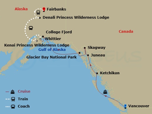 12 Night - Denali Explorer - Tour La5 - Discovery Princess Tours - Starting in Vancouver, Canada, Ketchikan, Alaska, Juneau, Alaska, Skagway, Alaska, Glacier Bay National Park (Scenic Cruising), Alaska, College Fjord (Scenic Cruising), Alaska, Anchorage (Whittier), Alaska, Kenai Princess Wilderness Lodge, Denali Princess Wilderness Lodge, Fairbanks itinerary map