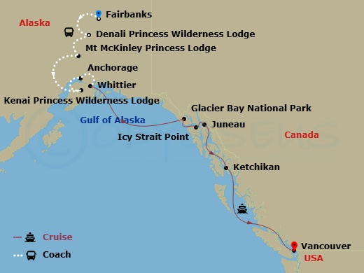 14 Night - National Parks Explorer - Tour Vb7 - Discovery Princess Tours - Starting in Fairbanks, Denali Princess Wilderness Lodge, Mount Mckinley Princess Wilderness Lodge, Kenai Princess Wilderness Lodge, Anchorage (Whittier), Alaska, Hubbard Glacier (Scenic Cruising), Alaska, Glacier Bay National Park (Scenic Cruising), Alaska, Icy Strait Point, Alaska, Juneau, Alaska, Ketchikan, Alaska, Vancouver, Canada itinerary map