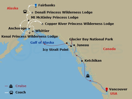 17 Night - Denali Escorted - Tour Ub1 - Discovery Princess Tours - Starting in Fairbanks, Denali Princess Wilderness Lodge, Mount Mckinley Princess Wilderness Lodge, Kenai Princess Wilderness Lodge, Copper River Princess Wilderness Lodge, Anchorage (Whittier), Alaska, Hubbard Glacier (Scenic Cruising), Alaska, Glacier Bay National Park (Scenic Cruising), Alaska, Icy Strait Point, Alaska, Juneau, Alaska, Ketchikan, Alaska, Vancouver, Canada itinerary map