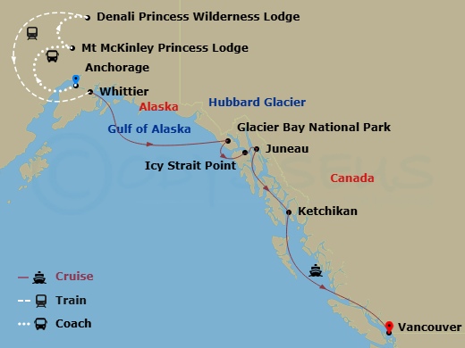 10 Night - Denali Explorer - Tour Ab3 - Discovery Princess Tours - Starting in Anchorage, Mount Mckinley Princess Wilderness Lodge, Denali Princess Wilderness Lodge, Anchorage (Whittier), Alaska, Hubbard Glacier (Scenic Cruising), Alaska, Glacier Bay National Park (Scenic Cruising), Alaska, Icy Strait Point, Alaska, Juneau, Alaska, Ketchikan, Alaska, Vancouver, Canada itinerary map