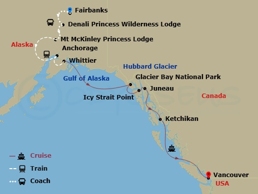 12 Night - Denali Explorer - Tour Ib5 - Discovery Princess Tours - Starting in Fairbanks, Denali Princess Wilderness Lodge, Mount Mckinley Princess Wilderness Lodge, Anchorage (Whittier), Alaska, Hubbard Glacier (Scenic Cruising), Alaska, Glacier Bay National Park (Scenic Cruising), Alaska, Icy Strait Point, Alaska, Juneau, Alaska, Ketchikan, Alaska, Vancouver, Canada itinerary map
