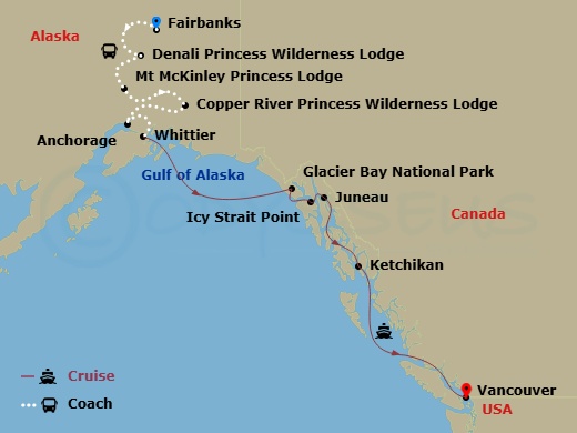 13 Night - Denali Explorer - Tour Mb6 - Discovery Princess Tours - Starting in Fairbanks, Denali Princess Wilderness Lodge, Mount Mckinley Princess Wilderness Lodge, Copper River Princess Wilderness Lodge, Anchorage (Whittier), Alaska, Hubbard Glacier (Scenic Cruising), Alaska, Glacier Bay National Park (Scenic Cruising), Alaska, Icy Strait Point, Alaska, Juneau, Alaska, Ketchikan, Alaska, Vancouver, Canada itinerary map