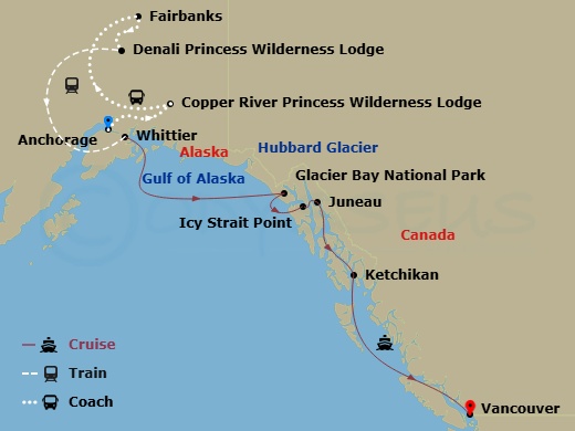 14 Night - Denali Explorer - Tour Ob7 - Discovery Princess Tours - Starting in Anchorage, Copper River Princess Wilderness Lodge, Fairbanks, Denali Princess Wilderness Lodge, Anchorage (Whittier), Alaska, Hubbard Glacier (Scenic Cruising), Alaska, Glacier Bay National Park (Scenic Cruising), Alaska, Icy Strait Point, Alaska, Juneau, Alaska, Ketchikan, Alaska, Vancouver, Canada itinerary map