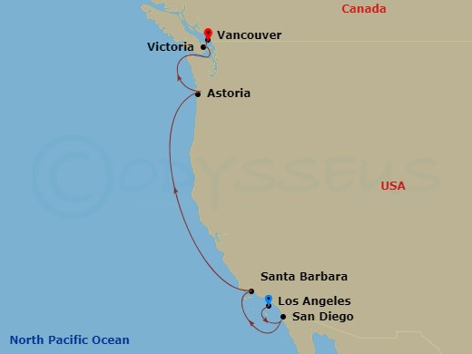 7 Night - Pacific Wine Country - Discovery Princess - Starting in Los Angeles, California, San Diego, California, Santa Barbara, California, Astoria, Oregon, Victoria CA, Vancouver, Canada itinerary map