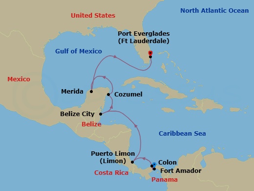 10 Night - Classic Panama Canal Passage - Viking Mars - Starting in Panama City (Fuerte Amador), Scenic Sailing Panama Canal, Colon, Puerto Limon, Sail the Caribbean Sea, Belize City, Cozumel, Mexico, Merida (Progreso), Sail the Caribbean Sea, Fort Lauderdale, Florida itinerary map