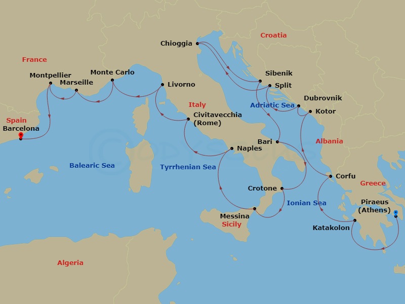 21 Night - Mediterranean & Adriatic Sojourn - Viking Mars - Starting in Athens (Piraeus), Katakolon (Olympia), Corfu (Kerkyra), Kotor, Dubrovnik, Croatia, Split, Venice (Chioggia), Sibenik, Bari, Crotone, Sicily (Messina), Naples, Rome (Civitavecchia), Florence / Pisa (Livorno), Monte Carlo, Marseille, Sete, Barcelona itinerary map