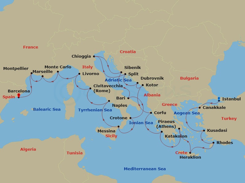 28 Night - Mediterranean's Iconic Shores - Viking Mars - Starting in Istanbul, Troy (Canakkale), Ephesus (Kusadasi), Rhodes, Crete (Heraklion), Athens (Piraeus), Katakolon (Olympia), Corfu (Kerkyra), Kotor, Dubrovnik, Croatia, Split, Venice (Chioggia), Sibenik, Bari, Crotone, Sicily (Messina), Naples, Rome (Civitavecchia), Florence / Pisa (Livorno), Monte Carlo, Marseille, Sete, Barcelona itinerary map