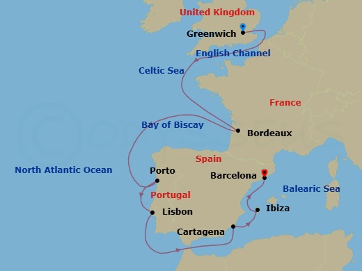 11 Night - London (Greenwich), England / Barcelona - Evrima - Starting in London (Greenwich), England, Bordeaux, Porto, Lisbon, Cartagena ES, Ibiza, Balearic Islands, Barcelona itinerary map